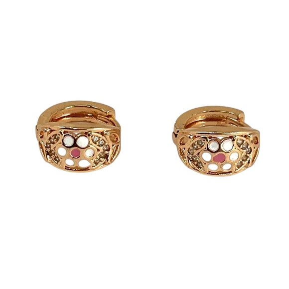 Gold Hoop Earrings with Pink & White Enamel Elegant Filigree Vintage Design - Picture 2 of 6